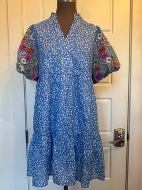 THML Blue Floral Tiered Dress with Multicolor Embroidered Puff Sleeves